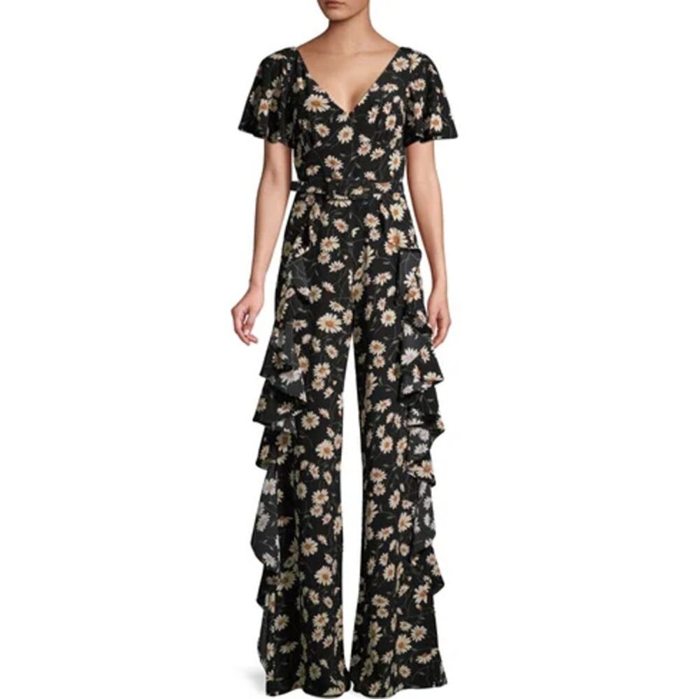 Michael Kors Collection Ruffle Trim Daisy Print Silk Jumpsuit Black Size 2